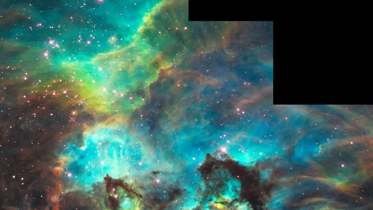 Hubble Unveils Colorful and Turbulent Star-Birth Region on 100,000th Orbit Milestone